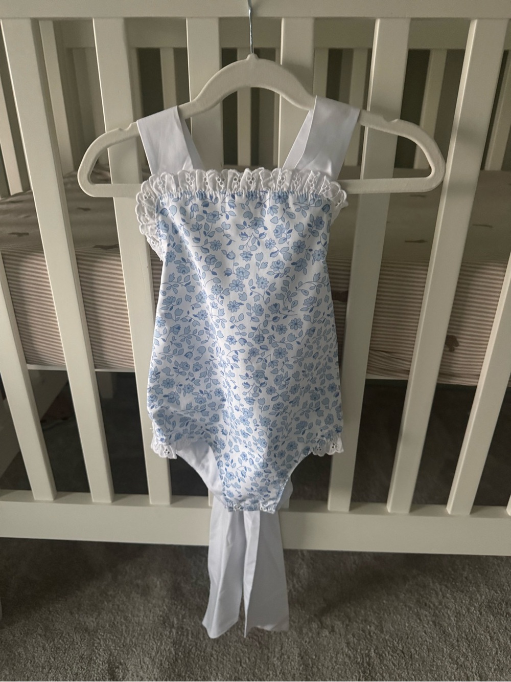 The Beaufort Bonnet Company White and Light Blue Floral Smocked One-Piece NWT